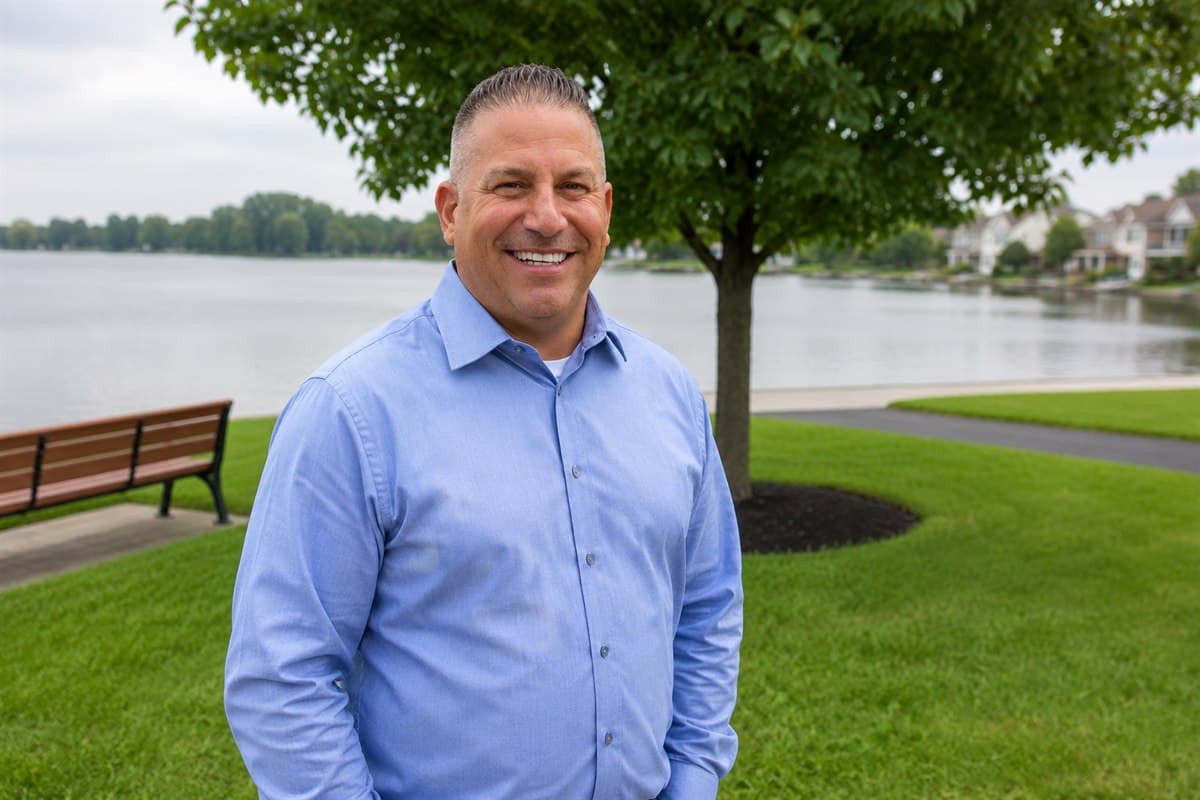 Michael Aregano, standing outdoors beside a lake in a light blue shirt.